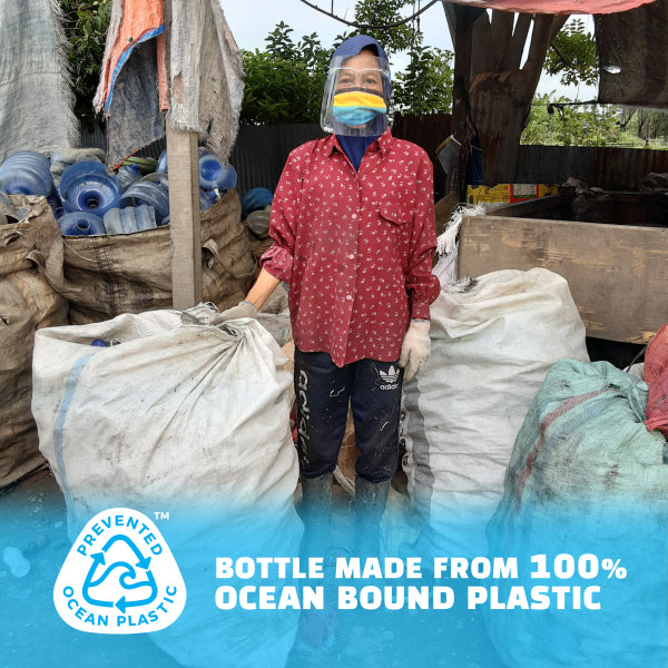 and text saying "Bottle made from 100% Prevented Ocean Plastic". The background is an image of under the ocean.