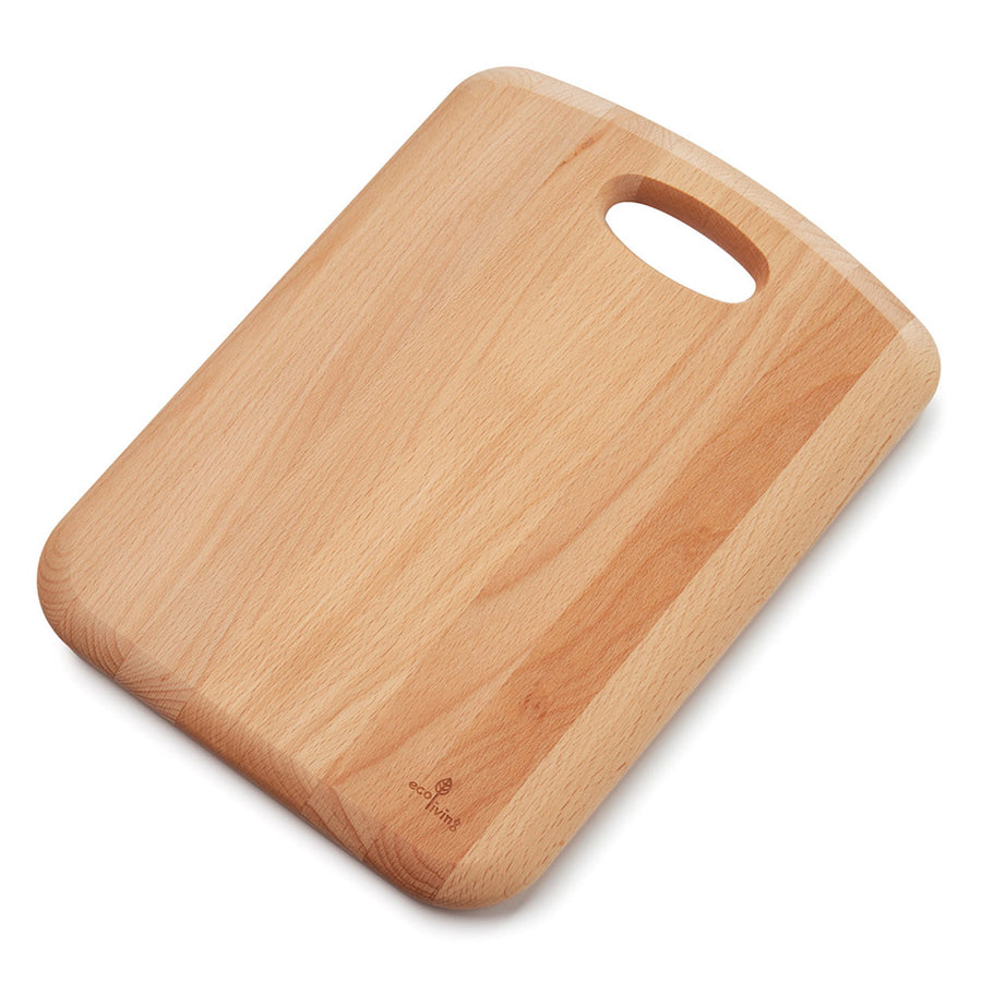 Ecoliving 34cm sustainable Beech Wood food chopping board on a white background