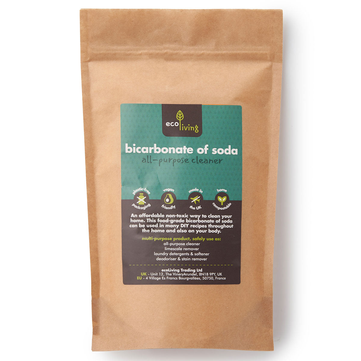 Ecoliving Bicarbonate Of Soda in a 750g packet pictured on a plain white background