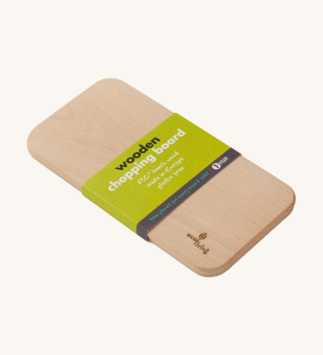 Eco Living wooden chopping board with branding on the corner