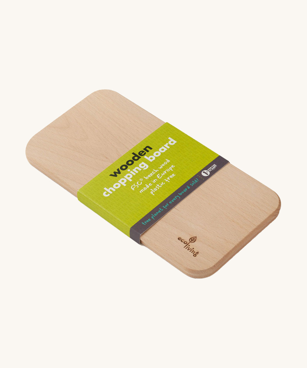 Eco Living wooden chopping board with branding on the corner