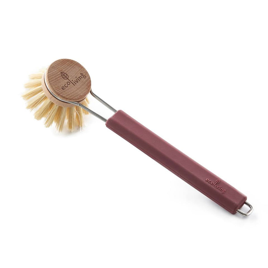 Ecoliving Dish Brush with Replaceable Head and Burgundy handle pictured on a plain white background