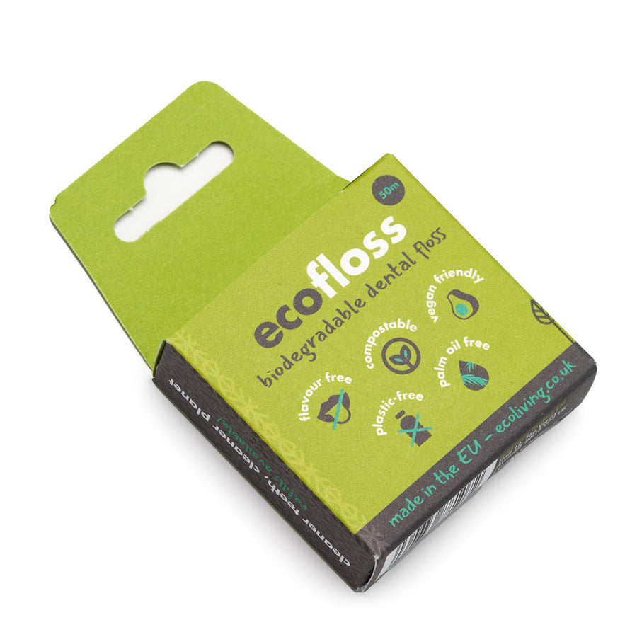 Ecoliving eco-friendly vegan dental floss on a white background