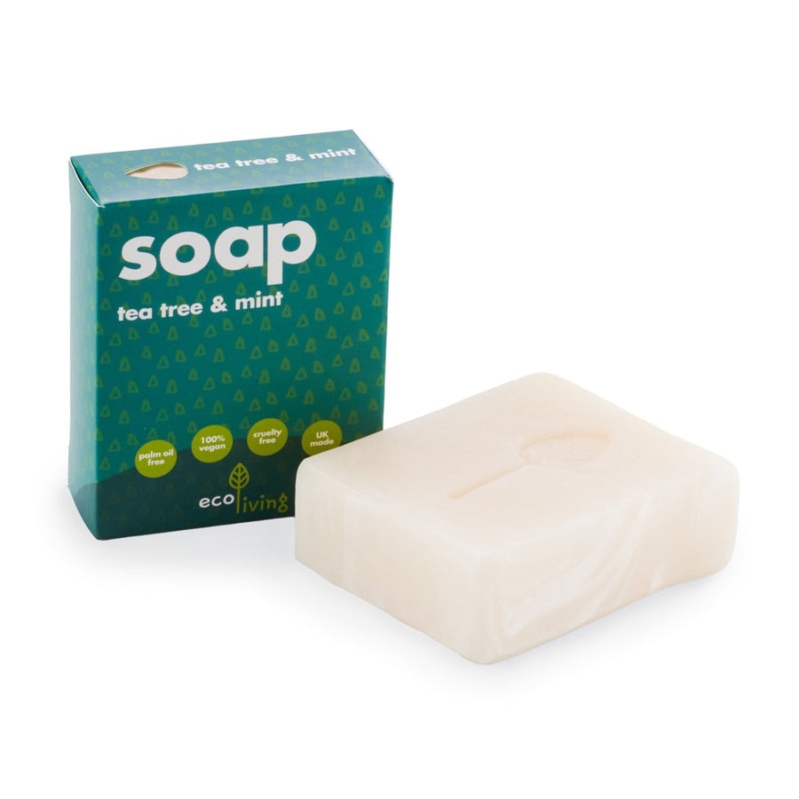 Ecoliving handmade tea tree and mint soap bar on a white background next to its cardboard box