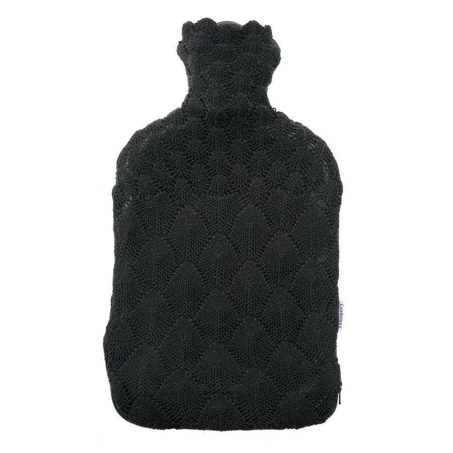 Ecoliving black knitted natural rubber hot water bottle on a white background