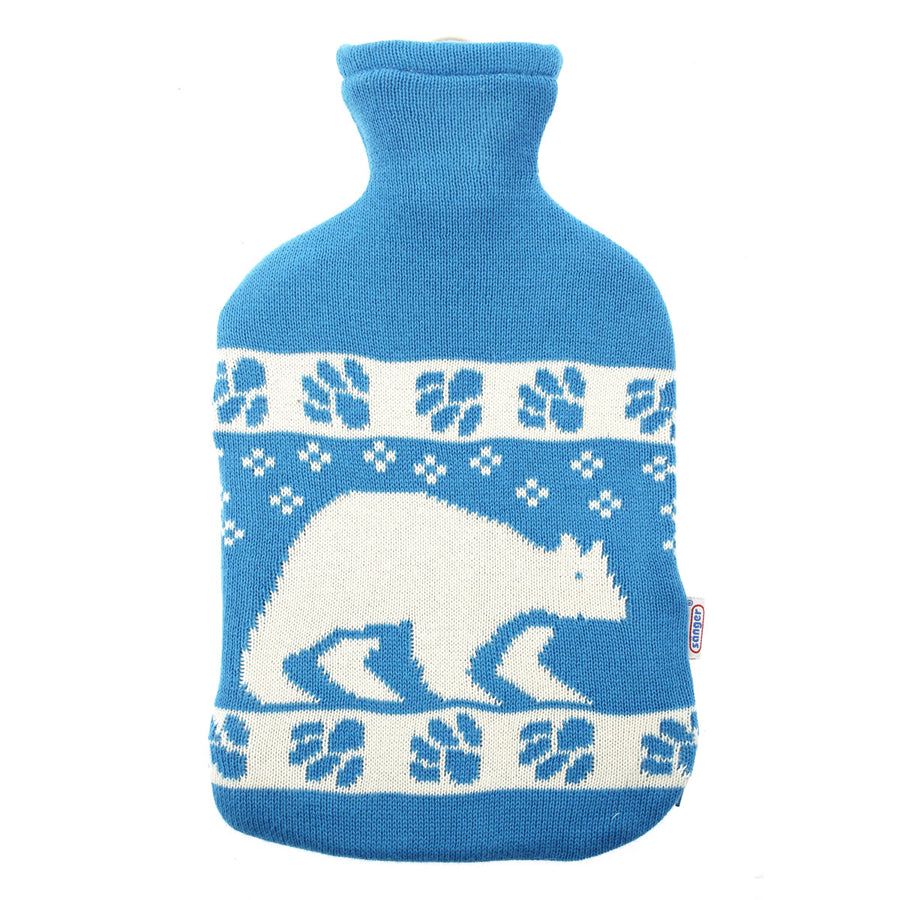 Ecoliving natural rubber hot water in a blue knitted cover with a white polar bear on the front