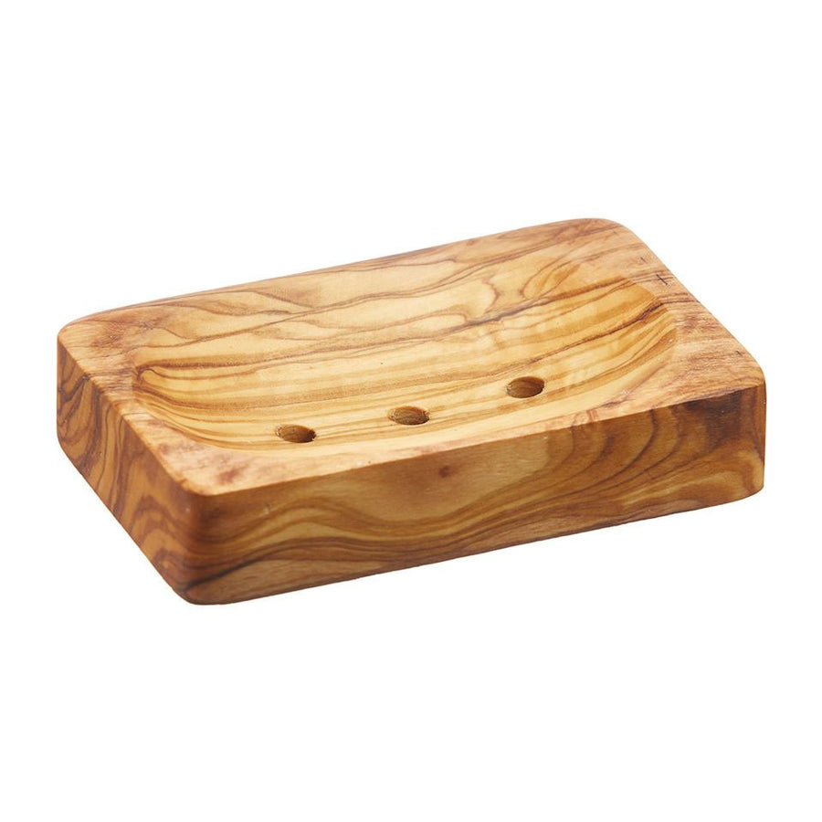 ecoliving rectangle shaped olive wood soap dish pictured on a plain white background