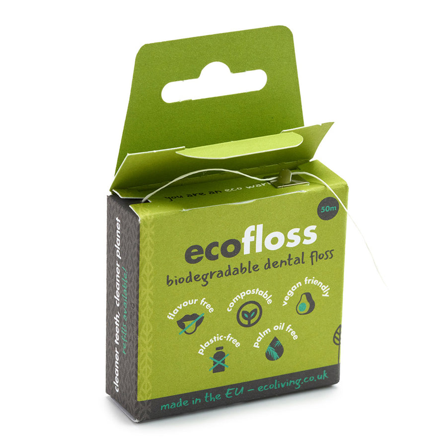 Ecoliving biodegradable plant-based vegan dental floss on a white background