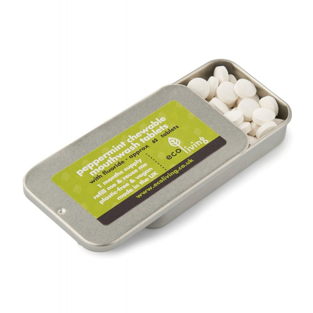 Ecoliving refillable chewable flouride mouthwash tablets tin open on a white background showing the white tablets inside