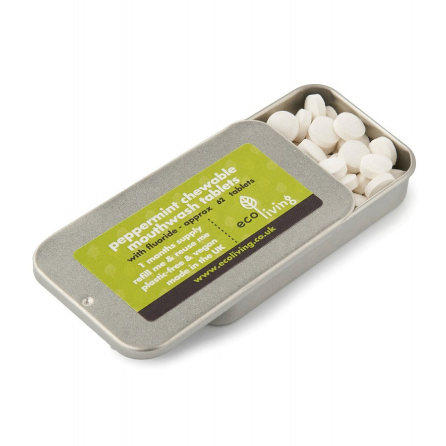 Ecoliving refillable chewable flouride mouthwash tablets tin open on a white background showing the white tablets inside