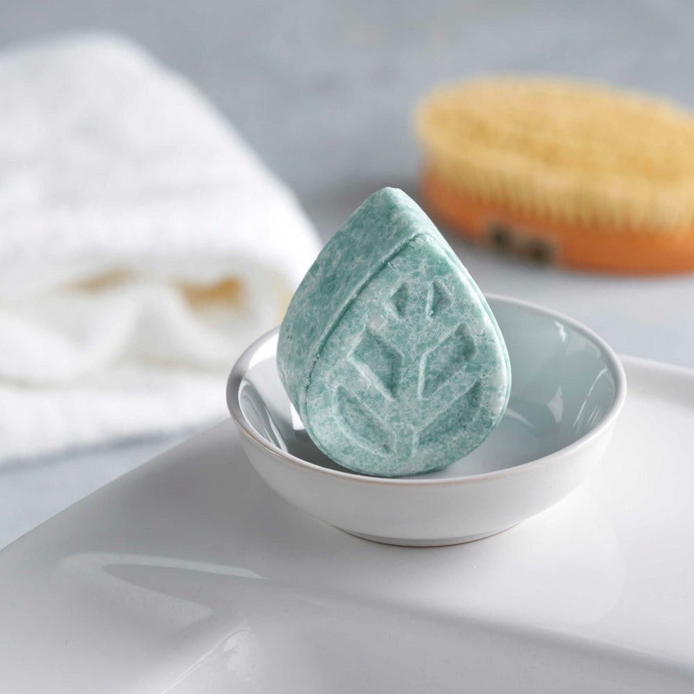 Close up of an Ecoliving solid sample size shampoo bar in a white soap dish on a sink