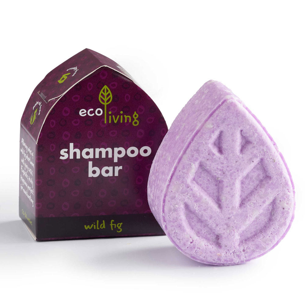 Ecoliving leaf shaped Solid Shampoo Bar in Wild Fig scent pictured next to packaging box pictured on a plain white background