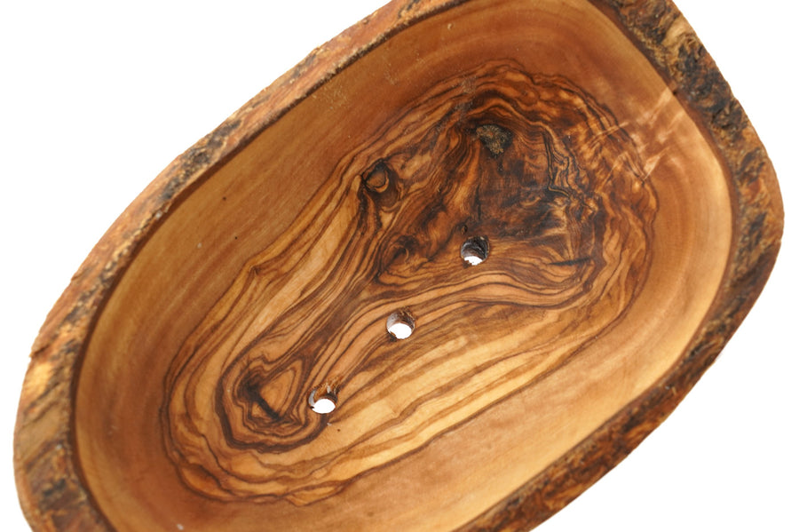 Close up of the wood grain on the Ecoliving plastic-free olive wood soap dish