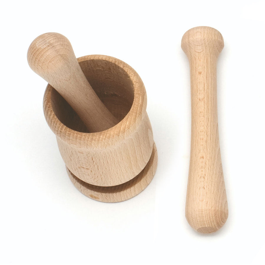 Ecoliving solid wooden pestle and mortar set laid out on a white background