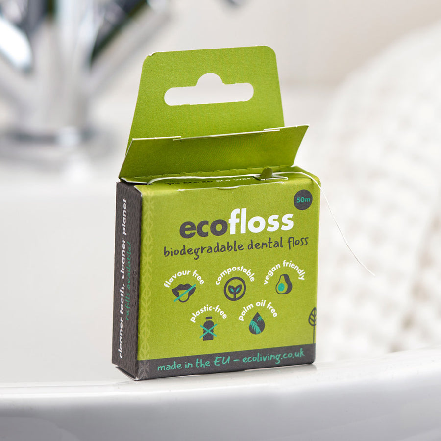 Close up of the Ecoliving biodegradable plastic-free eco floss on a white bathroom sink