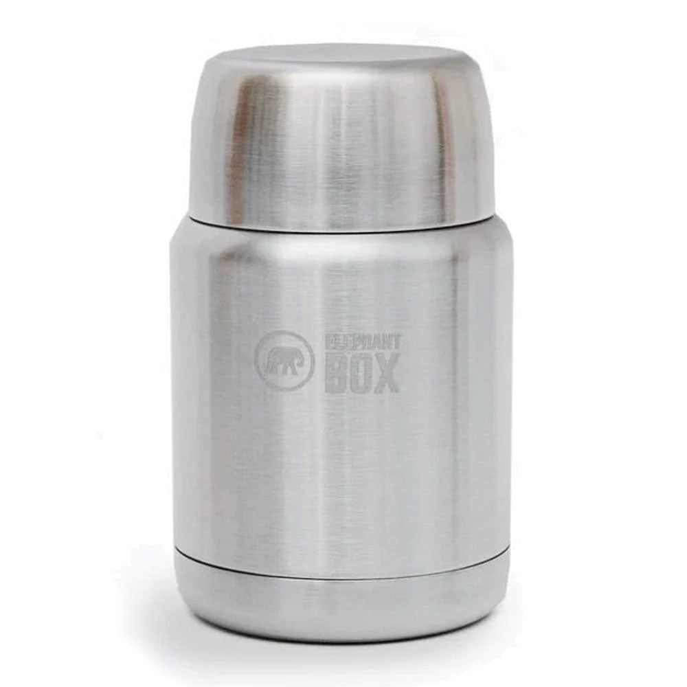 Elephant box stainless steel insulated food flask in steel on a white background