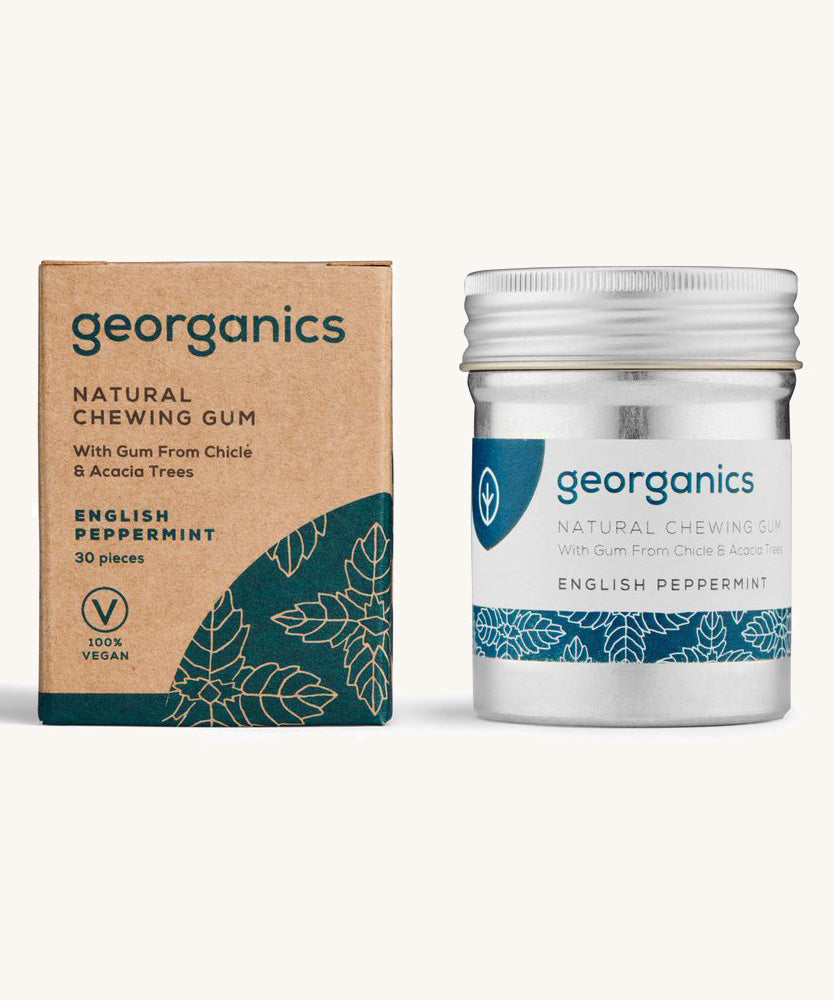 A pot of the Georganics english peppermint chewing gum with the cardboard box