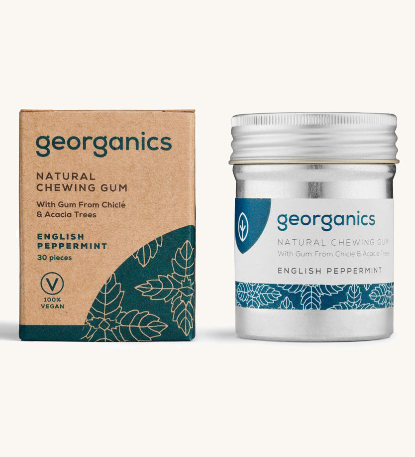 A pot of the Georganics english peppermint chewing gum with the cardboard box