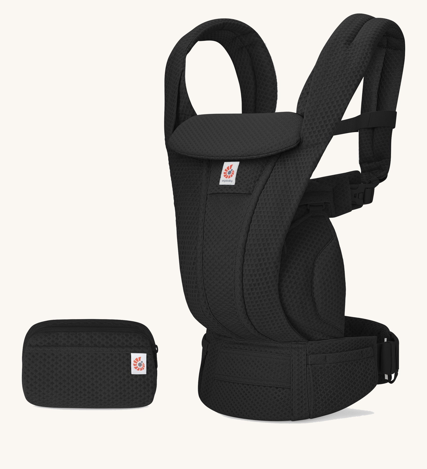 The Ergobaby Omni Deluxe Mesh baby carrier in Onyx Black, with a handy detachable storage bag.