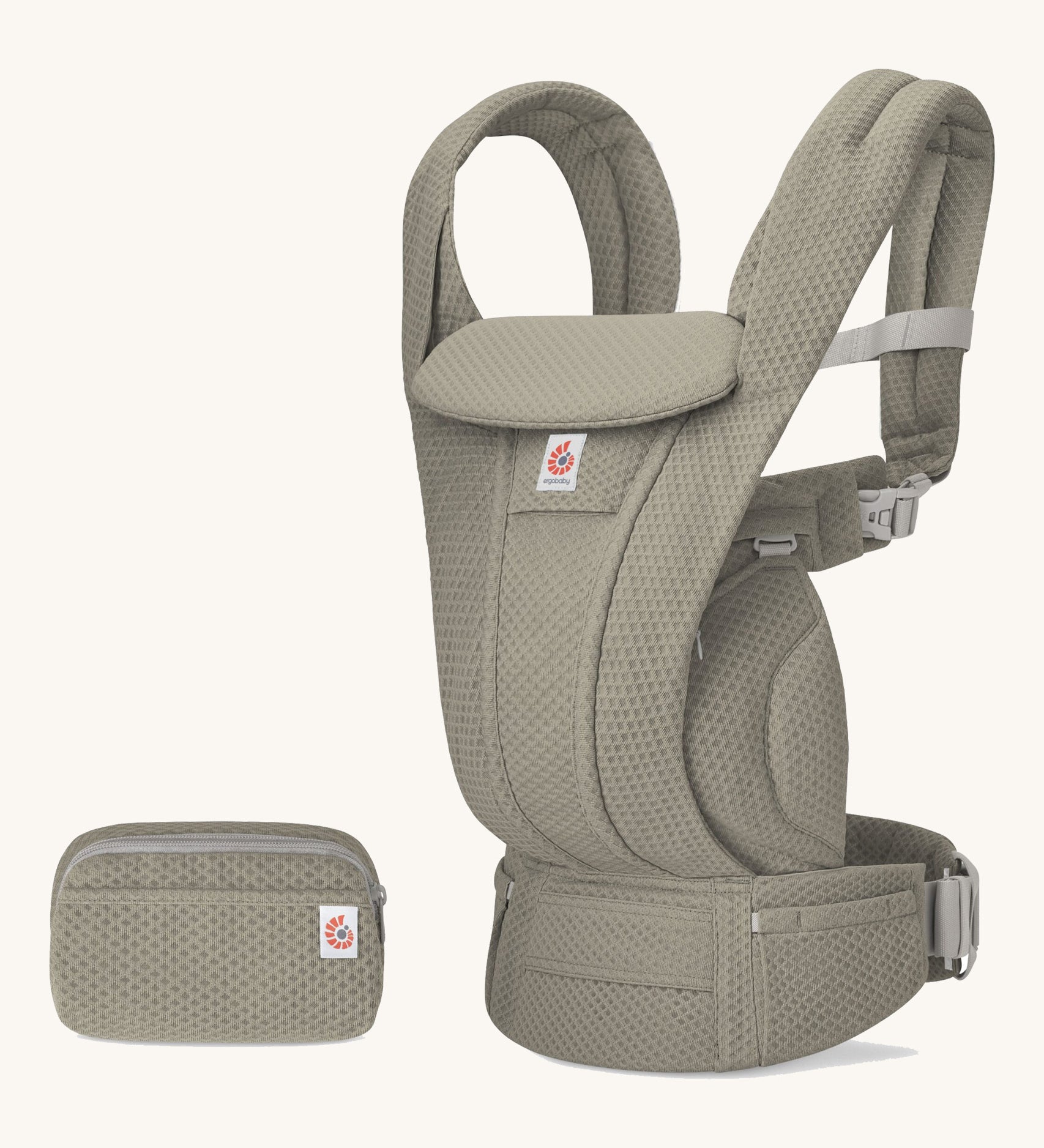 The Ergobaby Omni Deluxe Mesh baby carrier in Soft Olive, with a handy detachable storage bag.