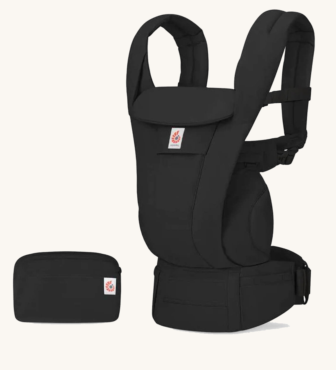 The Ergobaby Omni Deluxe Cotton baby carrier in Onyx Black, with a handy storage purse that can attach to the carrier.