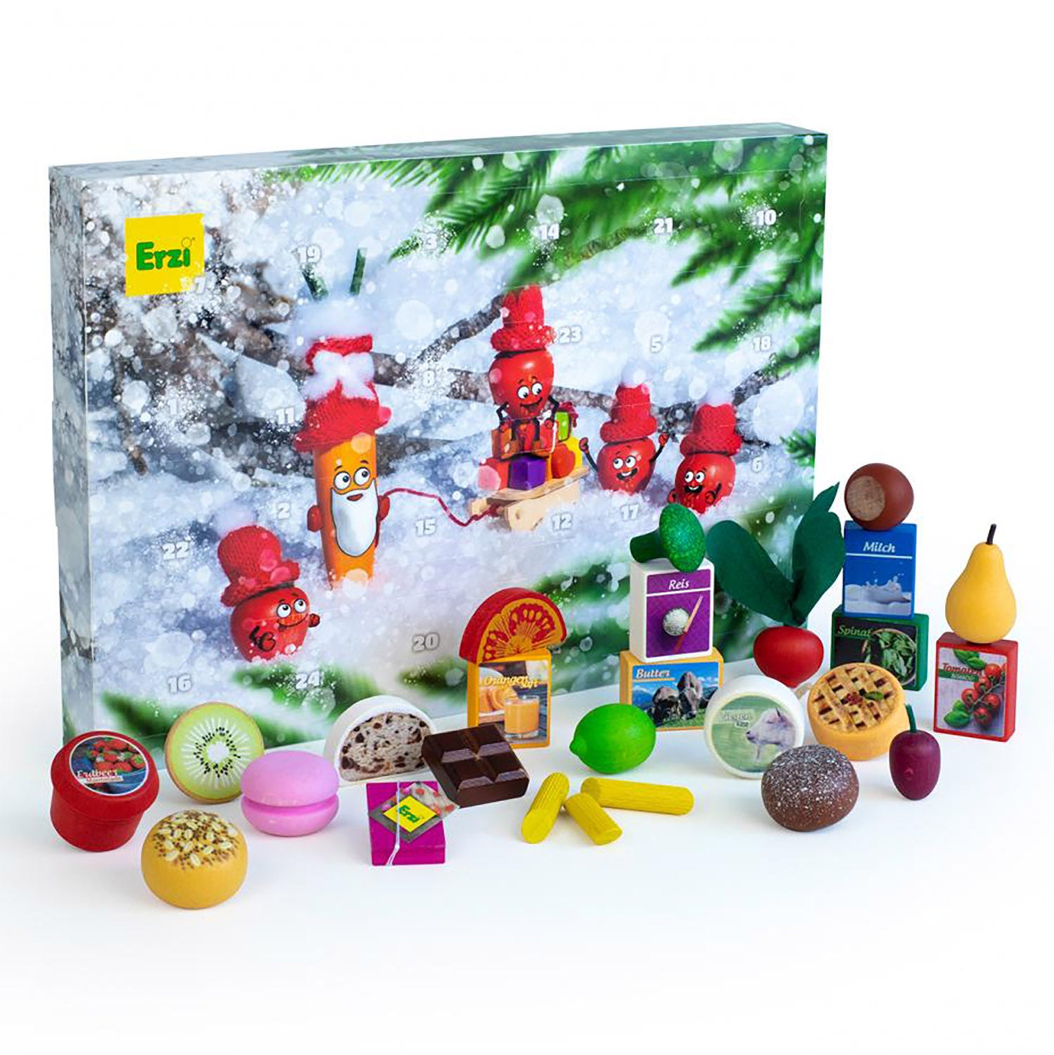 Erzi advent calendar showing contents including fruits