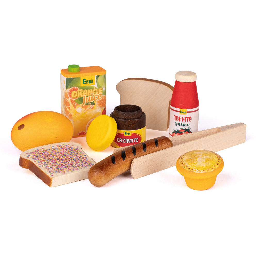 Erzi children's plastic-free Australian play food set laid out on a white background