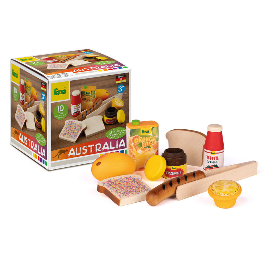 Erzi wooden Australian play food assortment laid out on a white background next to its box