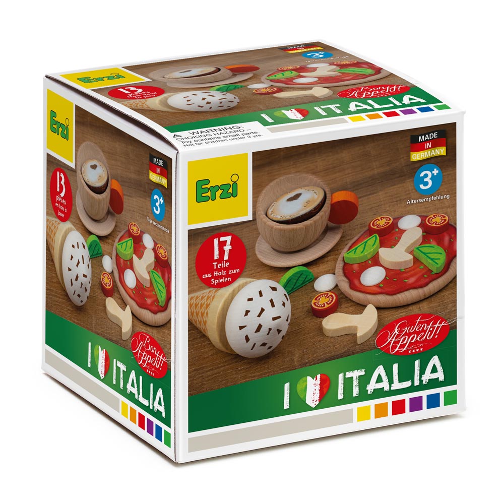 Box for the Erzi wooden Italian play food set on a white background