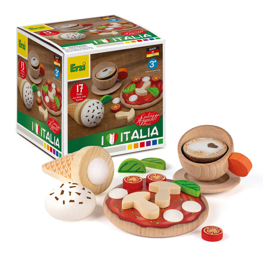 Erzi children's wooden Italian play food assortment laid out on a white background next to its box