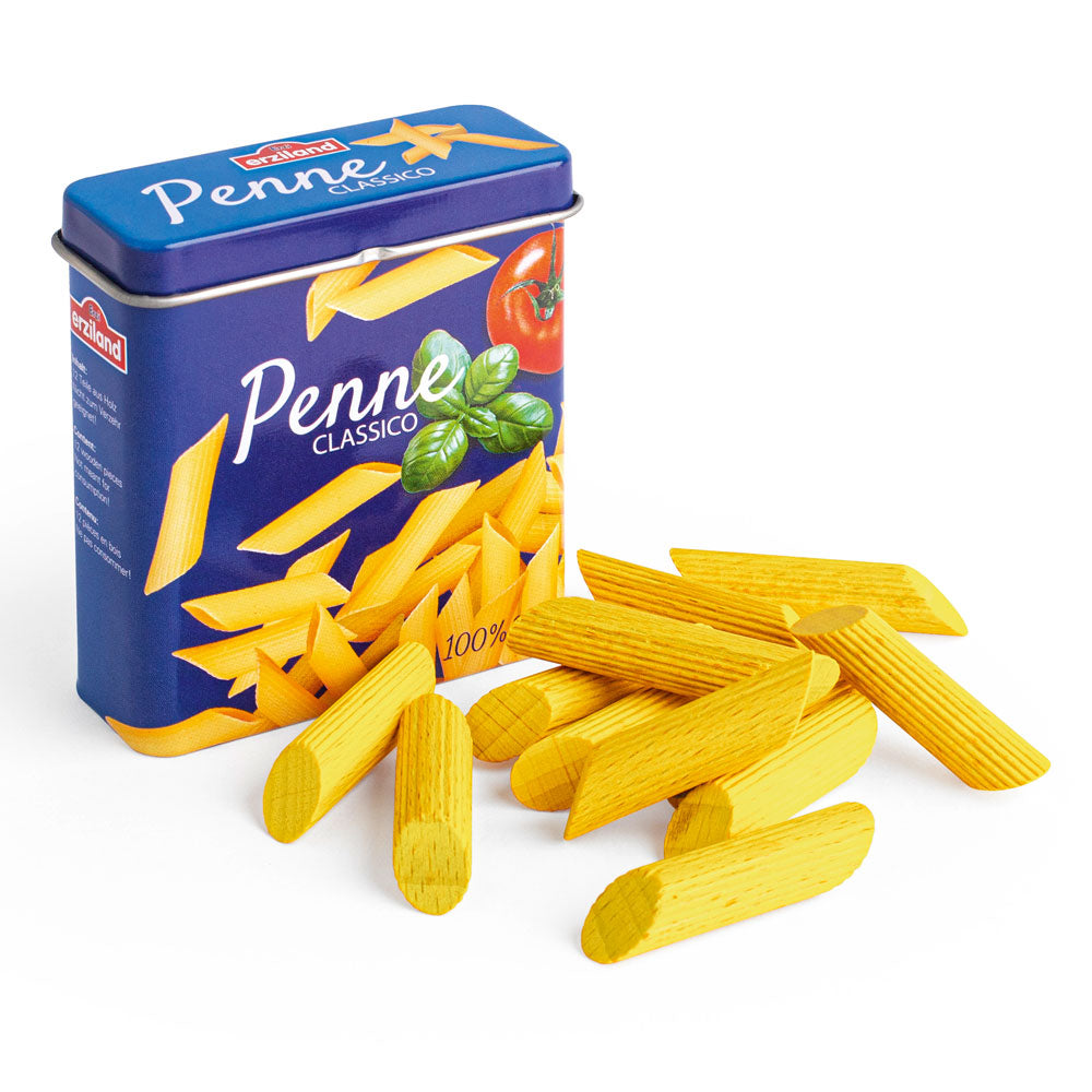 Erzi children's wooden play food pasta laid out on a white background next to their metal tin