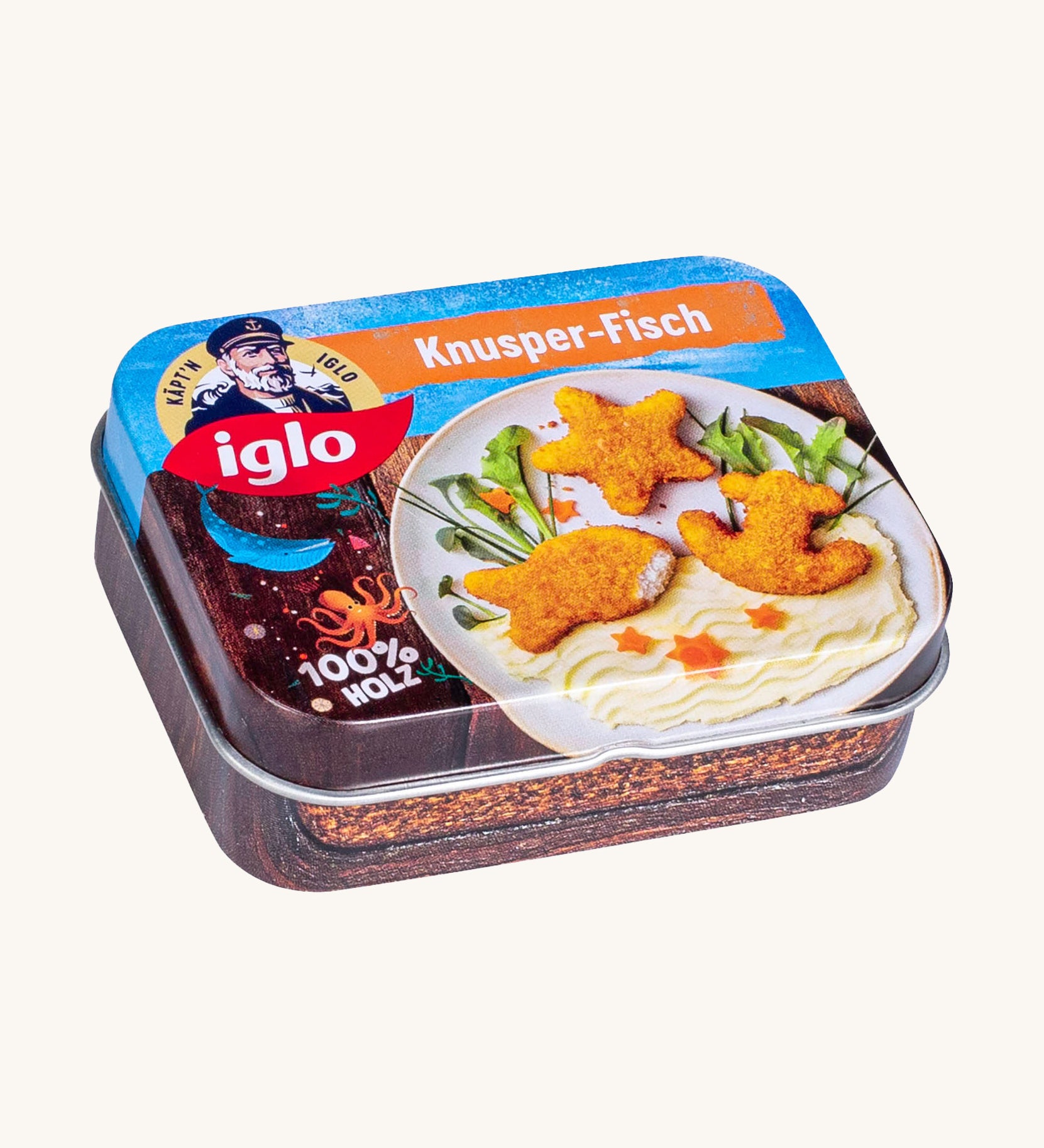 Erzi crispy fish in original tin packaging on a cream background.