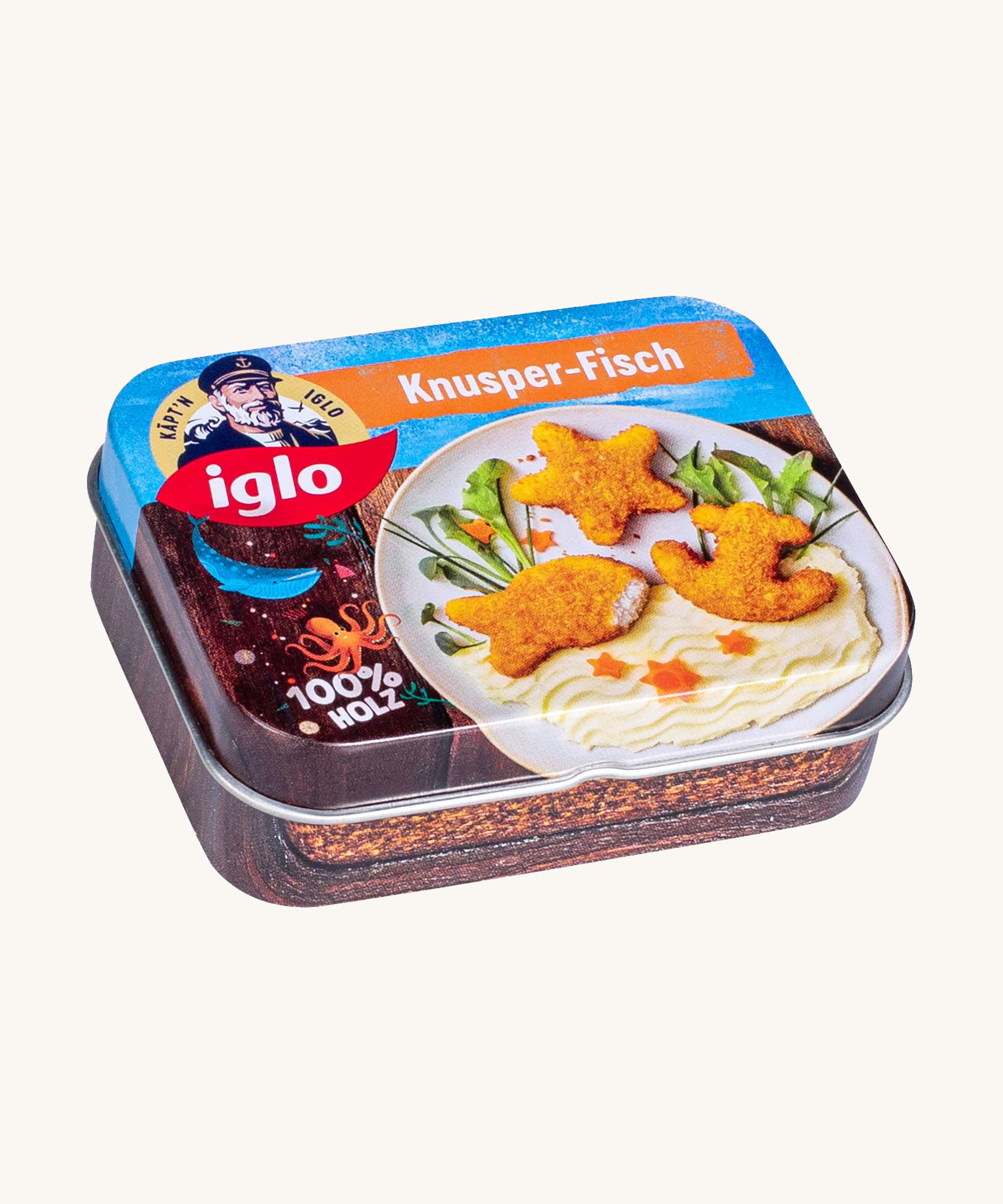 Erzi crispy fish in original tin packaging on a cream background.