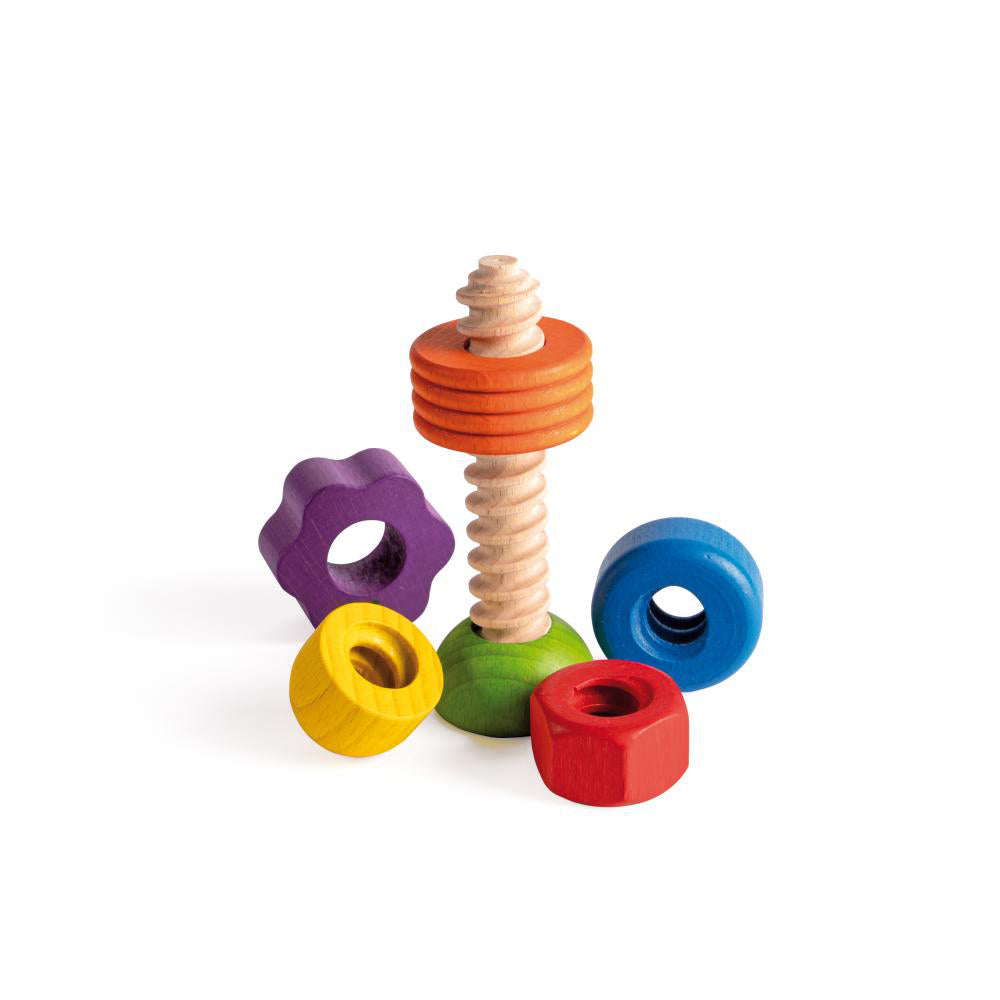 PIeces of the Erzi sustainably sourced screwing sensory toy laid out on a white background