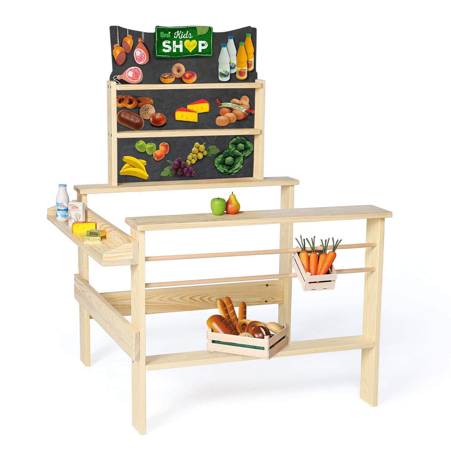 Erzi Children's Role Play - Grocer's Shop. A fantastic addition to any shop play! This table has three wooden sides with shelves and racks for holding crates and wooden play food and a painted blackboard stand-up display with shelves at the back