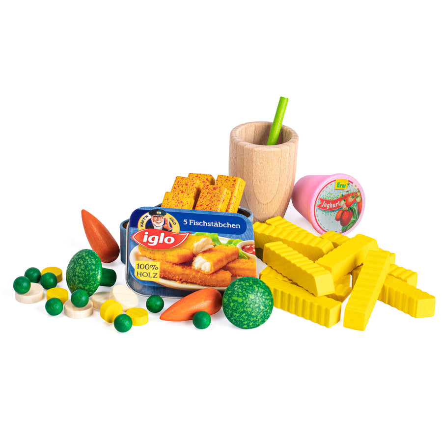 Erzi Lunchtime Assortment wooden toy play food set pictured on a plain background