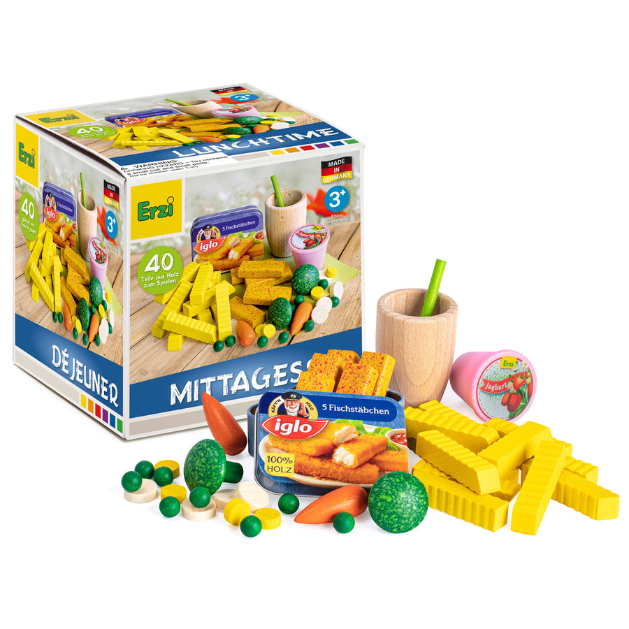 Erzi Lunchtime Assortment wooden toy play food set next to cardboard box pictured on a plain background