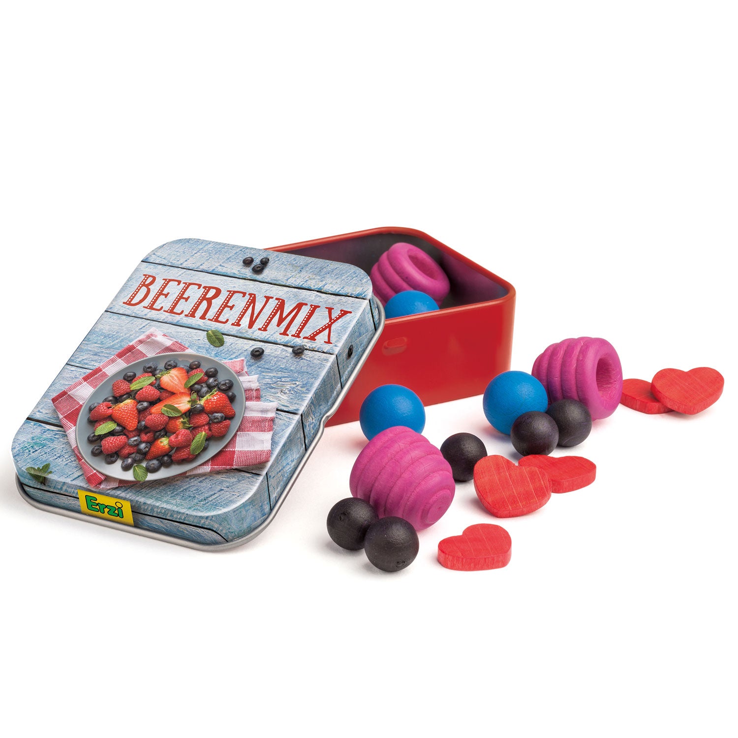 Erzi wooden Mixed Berries play food In  A Tin pictured on a plain background 