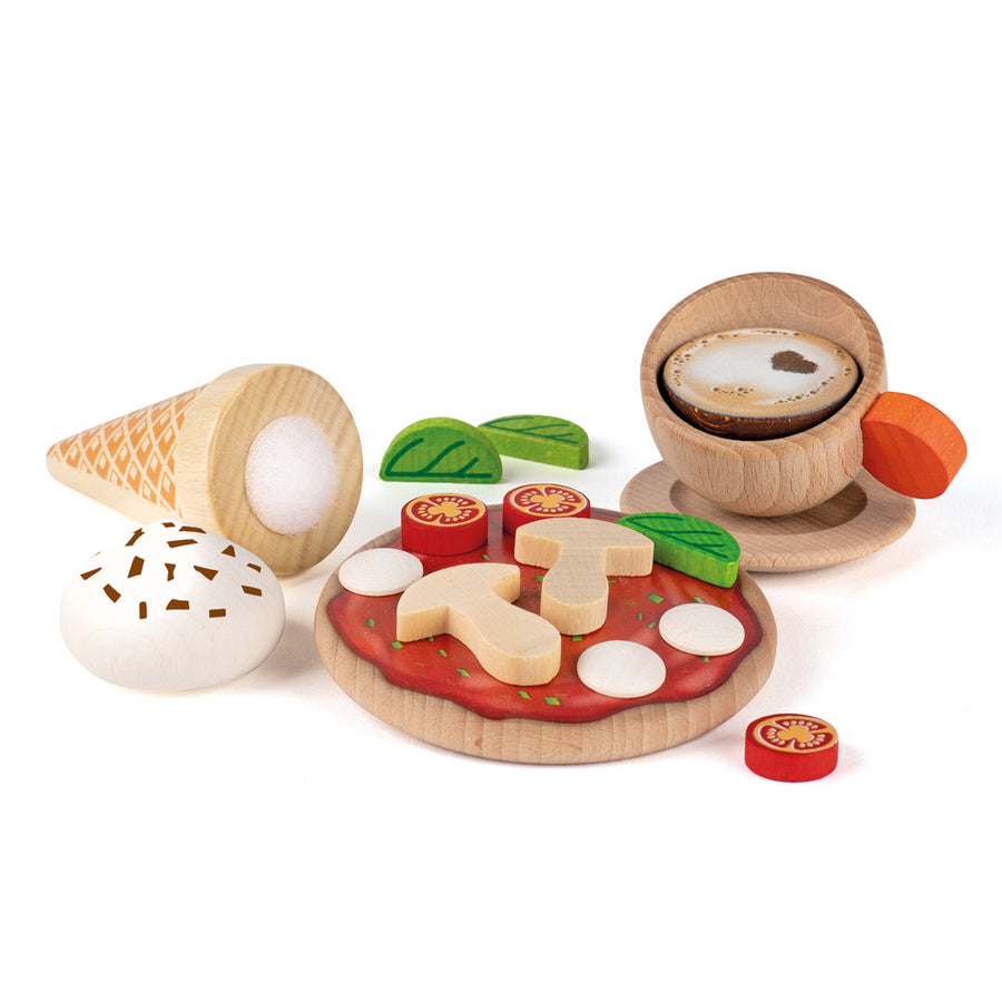 Erzi plastic-free wooden Italian play food toy set on a white background