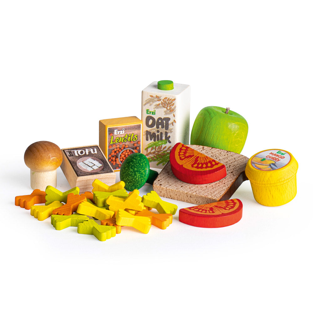 Erzi plastic-free wooden Vegan play food toy set laid out on a white background