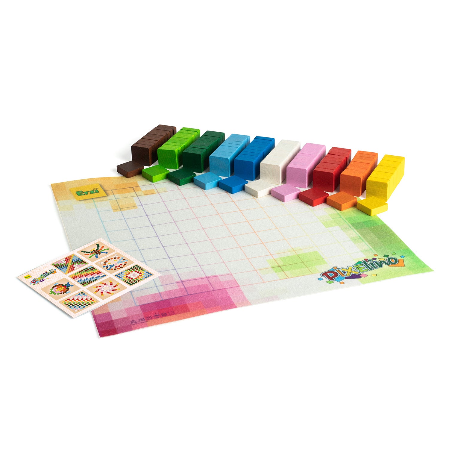 Erzi Pixelino Maxi Educational Game. This colourful puzzle set come with 100 large coloured wooden bricks