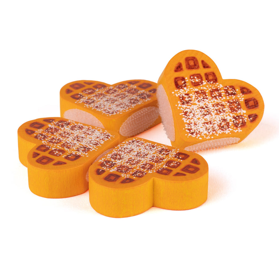 Erzi detachable velcro play food waffles laid out on a white background