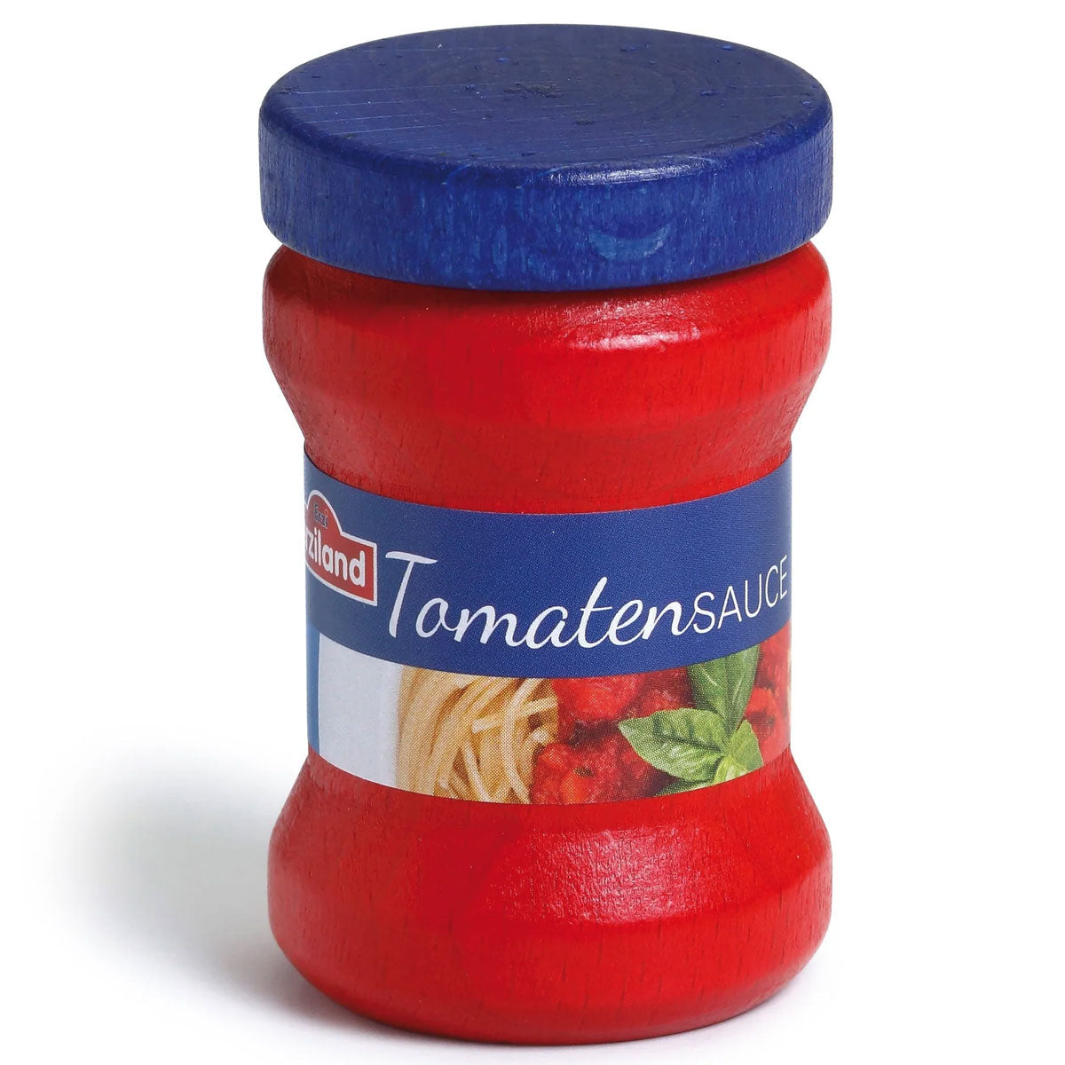 Image of the Erzi Tomato sauce jar wooden playfood pictured on a plain white background 