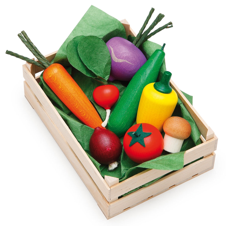 Erzi Assorted Vegetables Wooden Play Food Set including 8 different wooden vegetables presented in a small wooden crate