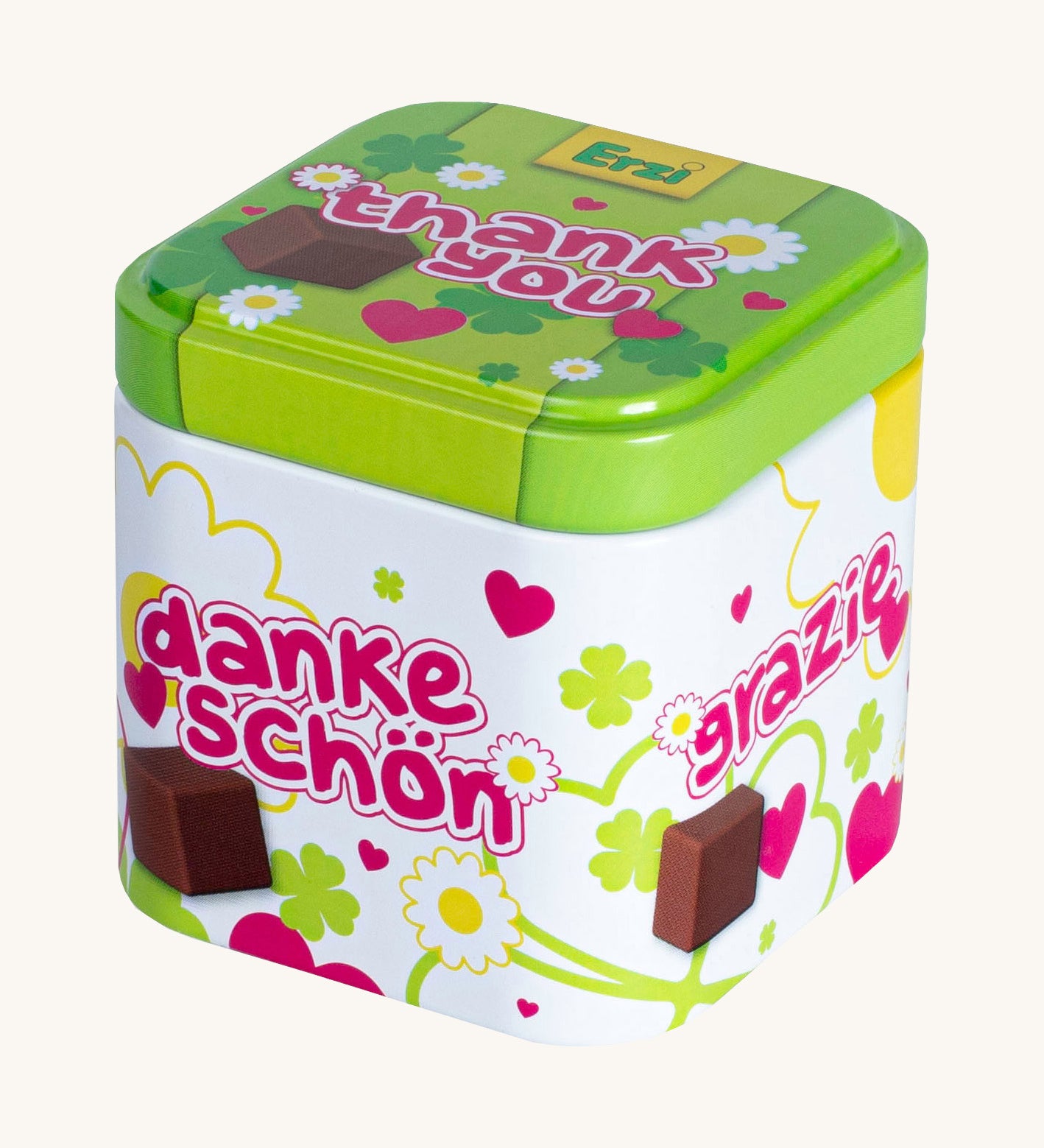 Erzi wooden chocolate cubes in a tin on a cream background.