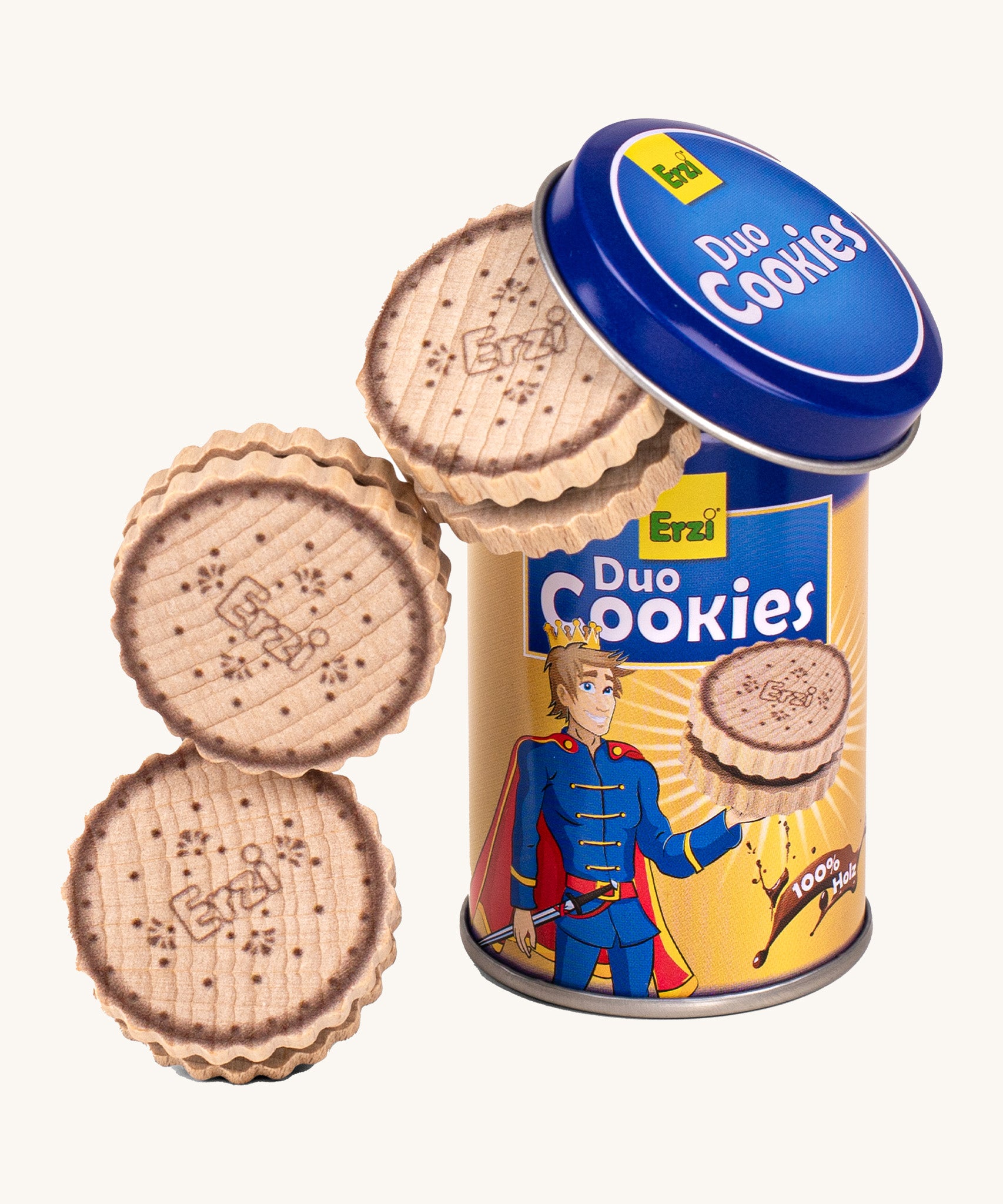 Erzi wooden duo cookies next to tin packaging on a cream background.