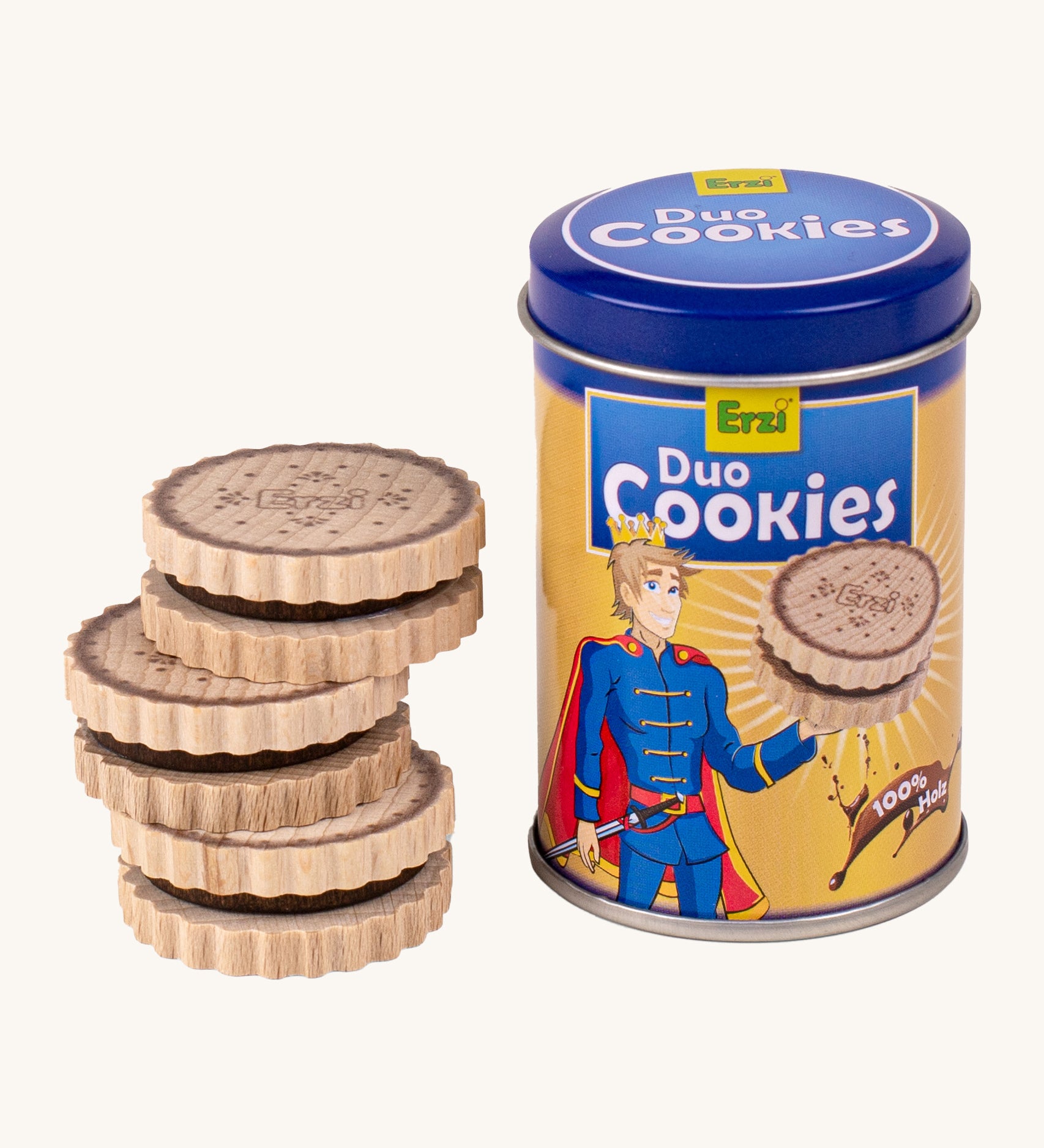 Erzi wooden duo cookies stacked next to tin packaging on a cream background.