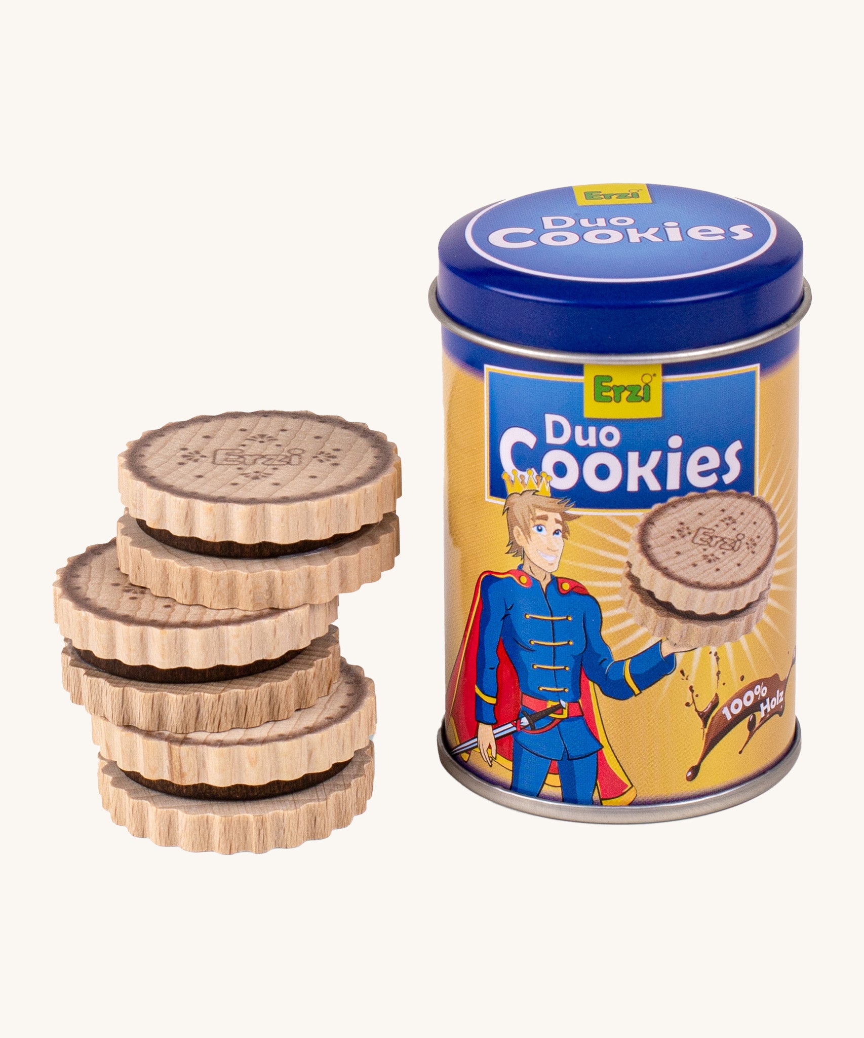 Erzi wooden duo cookies stacked next to tin packaging on a cream background.