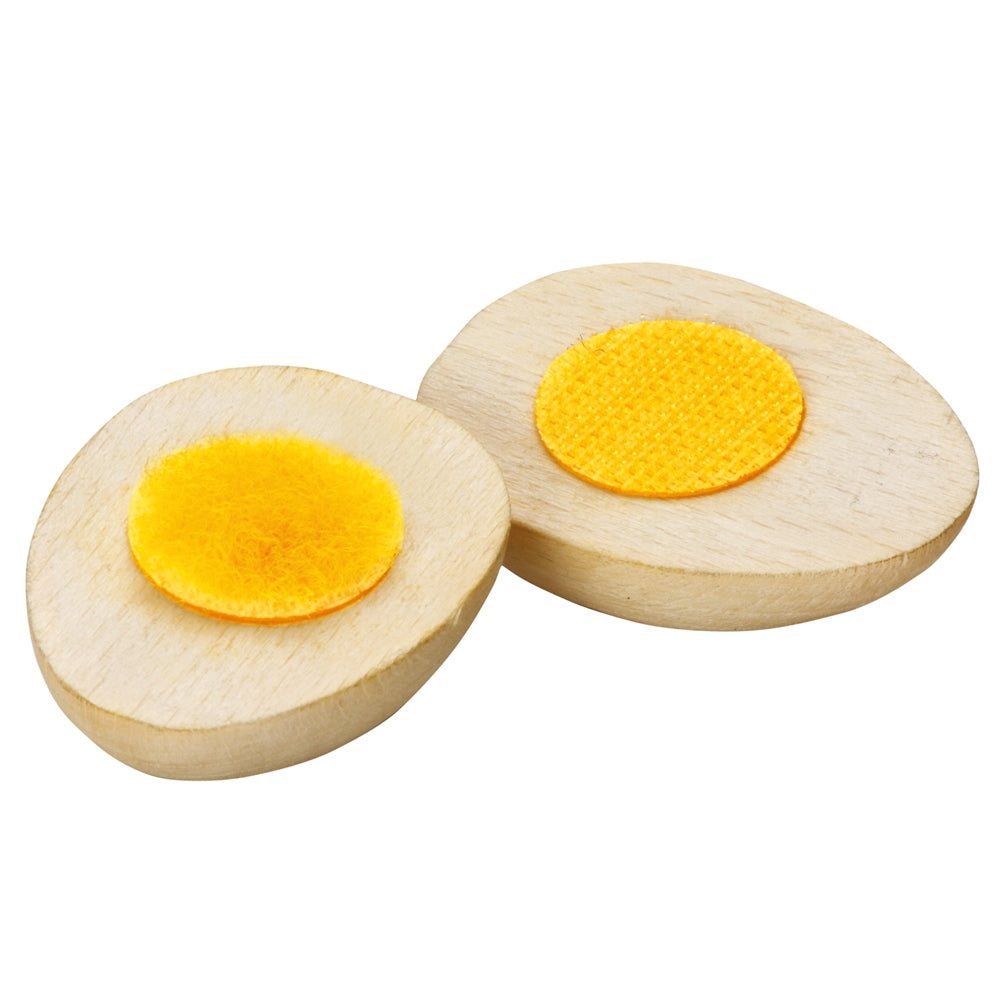 Erzi Egg To Cut Wooden Play Food in half showing yellow velcro centres