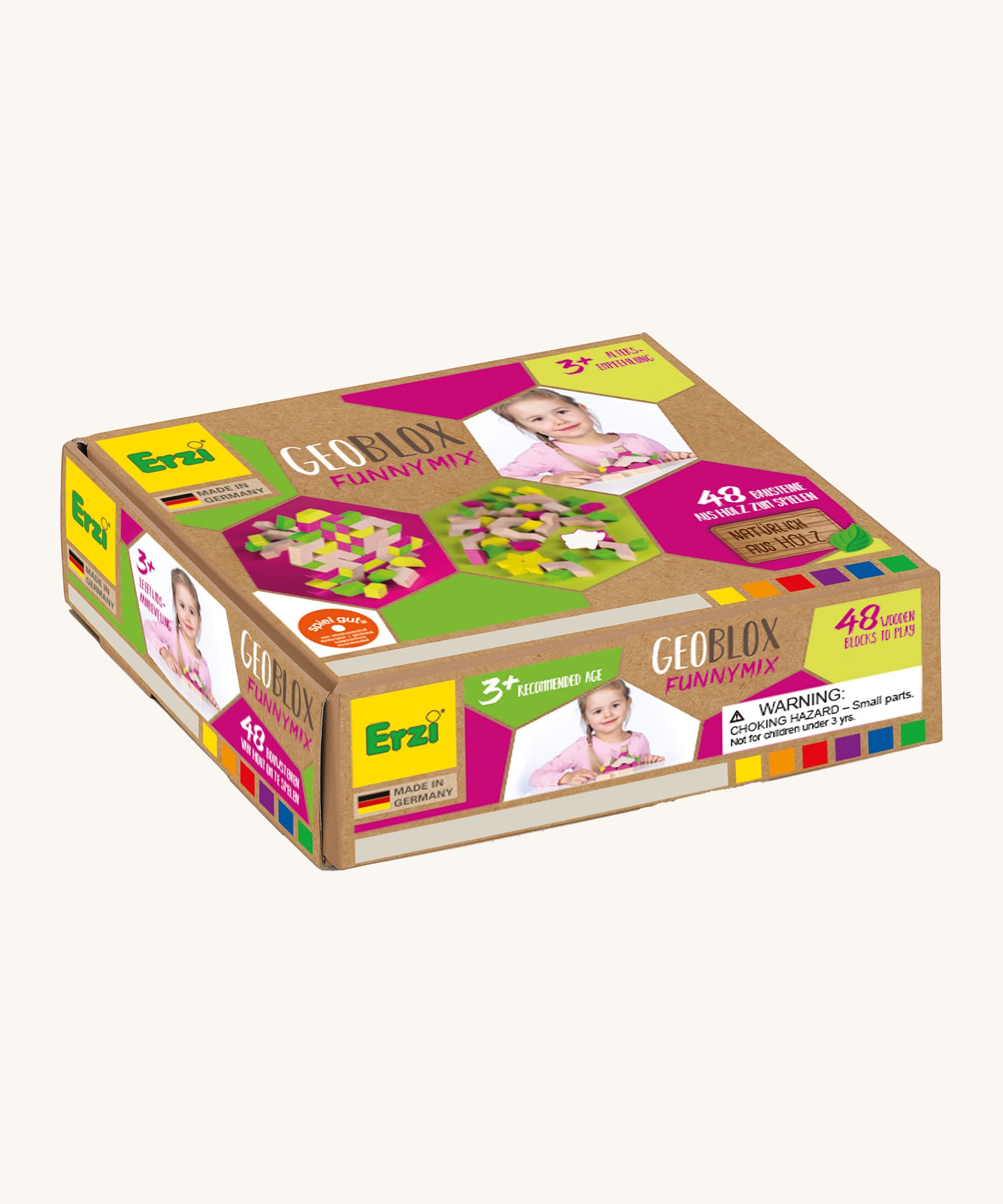 Erzi wooden geo building block set in original cardboard packaging.